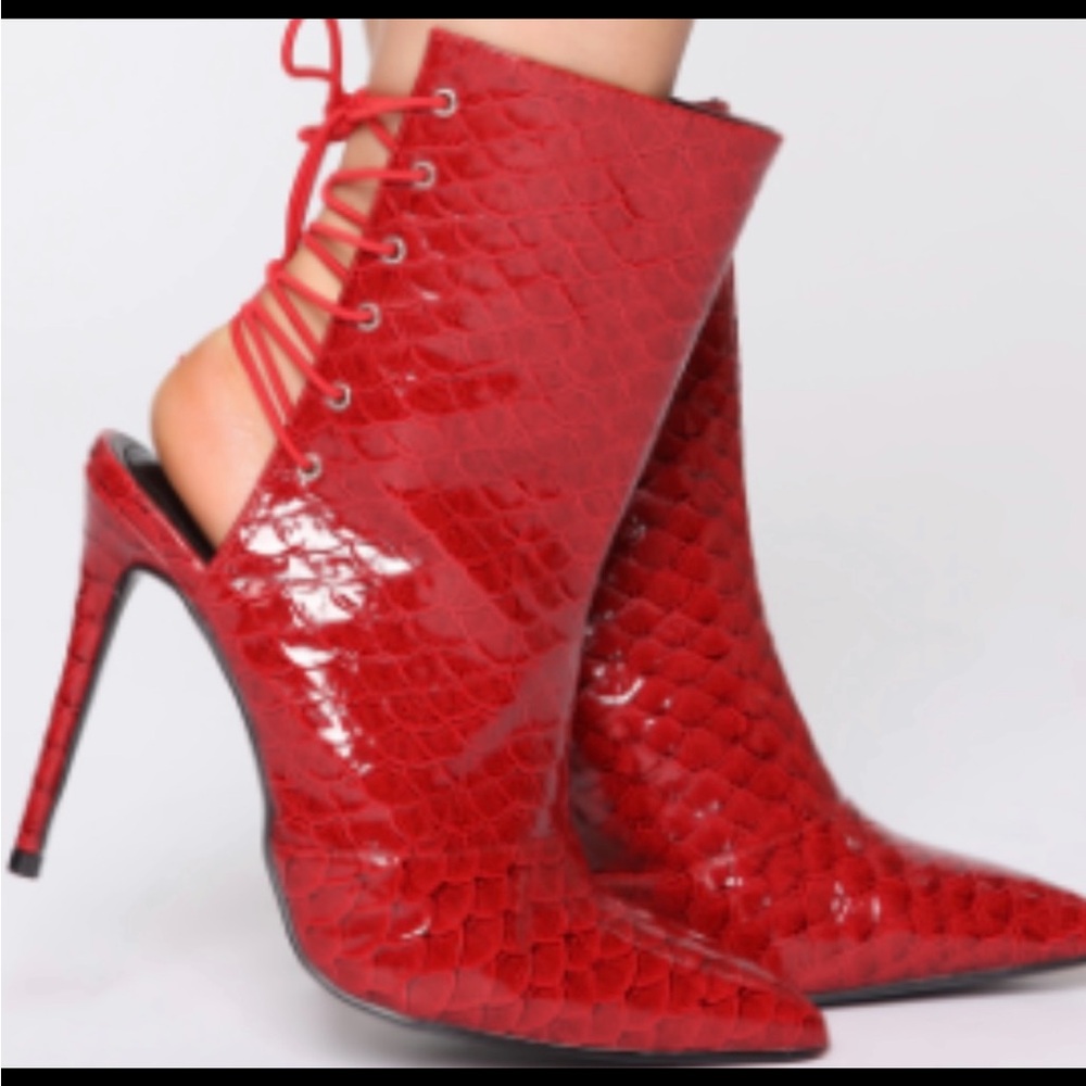 Fashion Nova Red Snake Print Heeled Boots